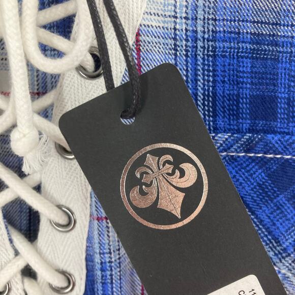 Affliction Lace Up Western Aztec Embroidered Snap Up Blue Plaid Women Small NEW - Picture 9 of 14